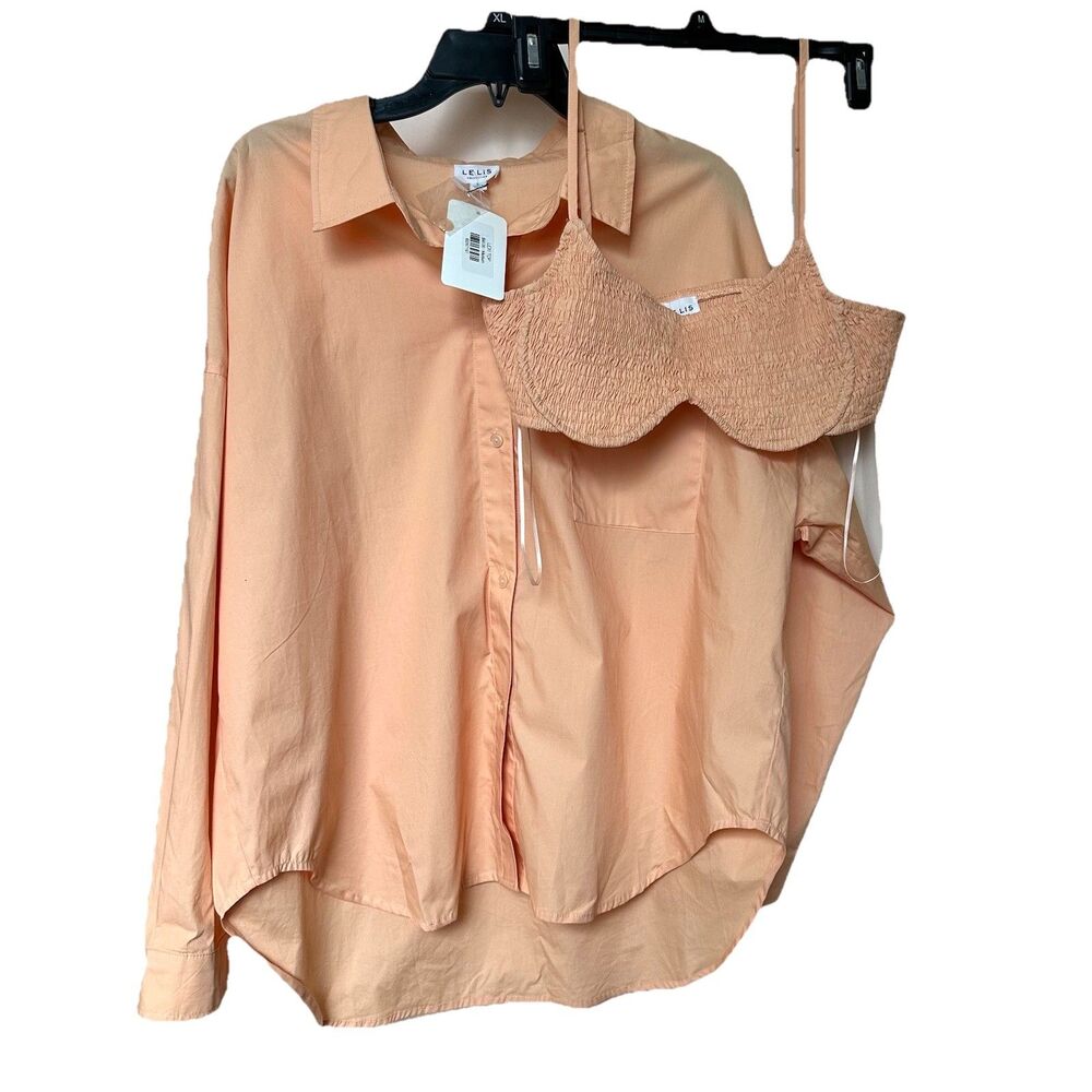 Le Lis Lexi Top Women’s Med & Matched Bra Set Peach Button Oversized Pastel NWT